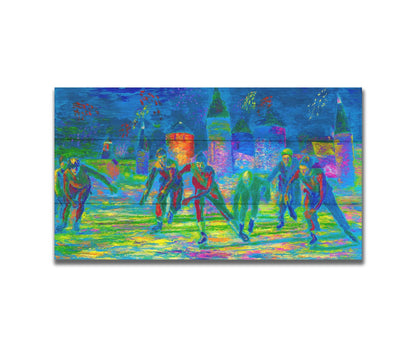 A painting of a group of ice skaters approaching the viewer. The painting is created using an infrared-like color palette, creating a unique experience. Printed on a box board.