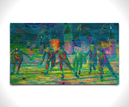 A painting of a group of ice skaters approaching the viewer. The painting is created using an infrared-like color palette, creating a unique experience. Printed on a wood pallet.