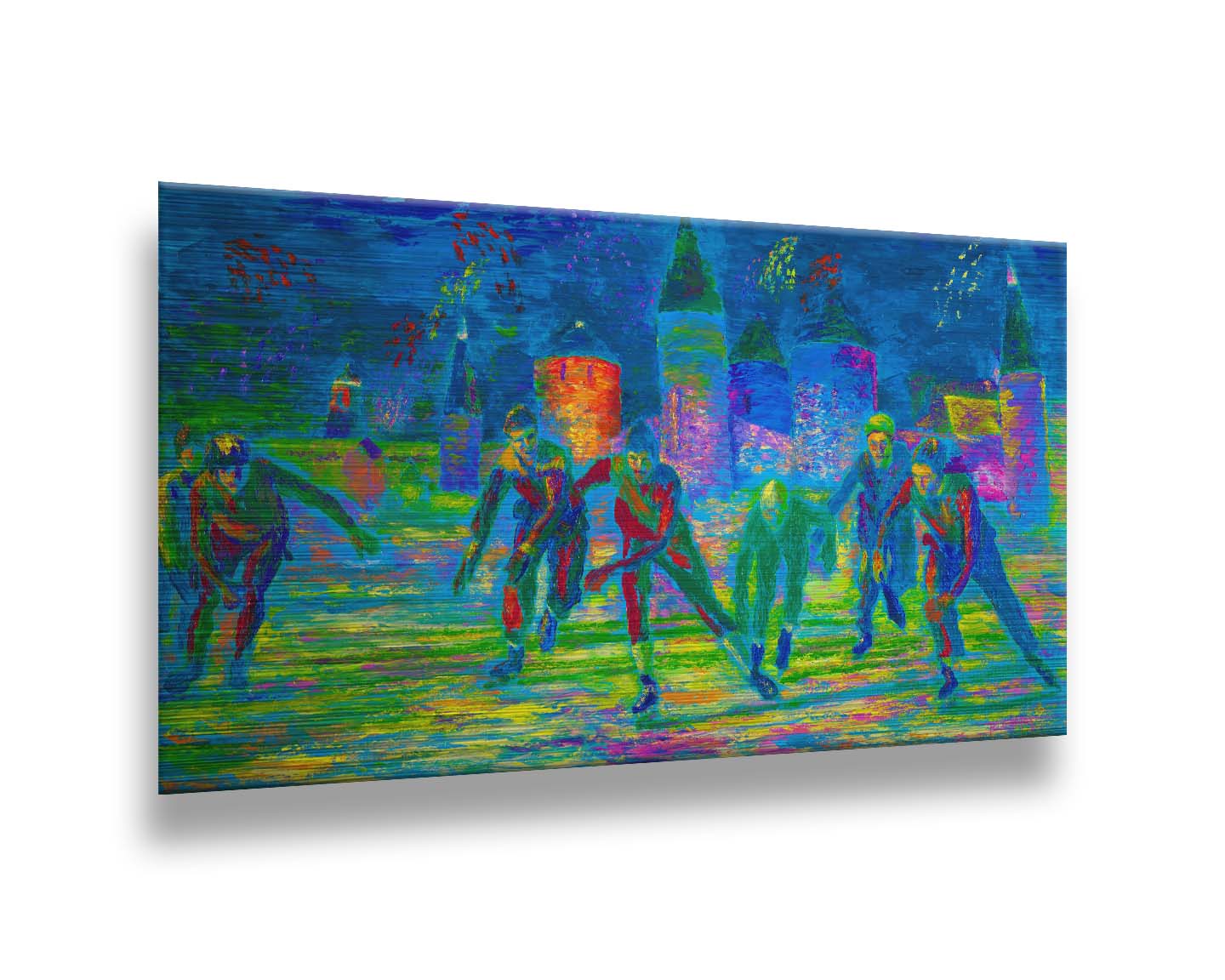 A painting of a group of ice skaters approaching the viewer. The painting is created using an infrared-like color palette, creating a unique experience. Printed on metal.