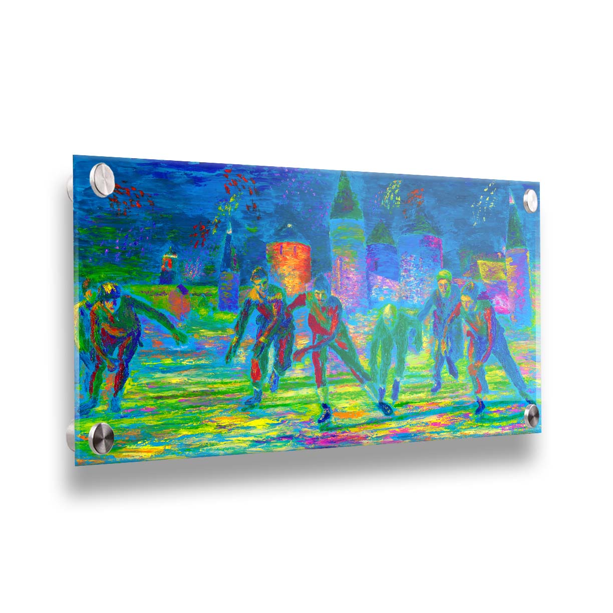 A painting of a group of ice skaters approaching the viewer. The painting is created using an infrared-like color palette, creating a unique experience. Printed on acrylic.