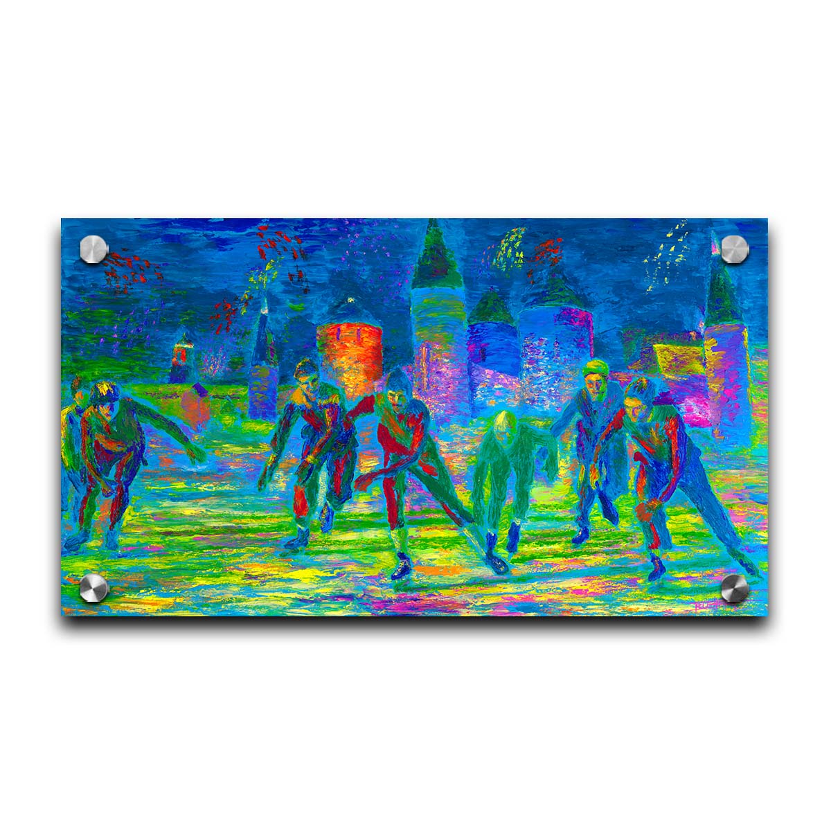 A painting of a group of ice skaters approaching the viewer. The painting is created using an infrared-like color palette, creating a unique experience. Printed on acrylic.