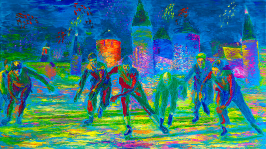 A painting of a group of ice skaters approaching the viewer. The painting is created using an infrared-like color palette, creating a unique experience. 