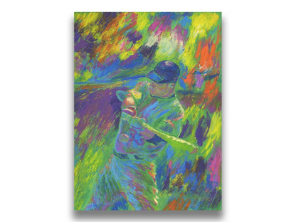 A painting of Justin Morneau, of the Minnesota Twins baseball team, swinging a bat at an approaching ball. It is painted in a bold palette of bright green, blue, purple, and orange. Printed on canvas.