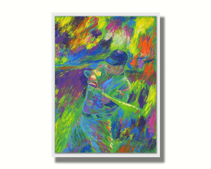 A painting of Justin Morneau, of the Minnesota Twins baseball team, swinging a bat at an approaching ball. It is painted in a bold palette of bright green, blue, purple, and orange. Printed on canvas in a float frame.