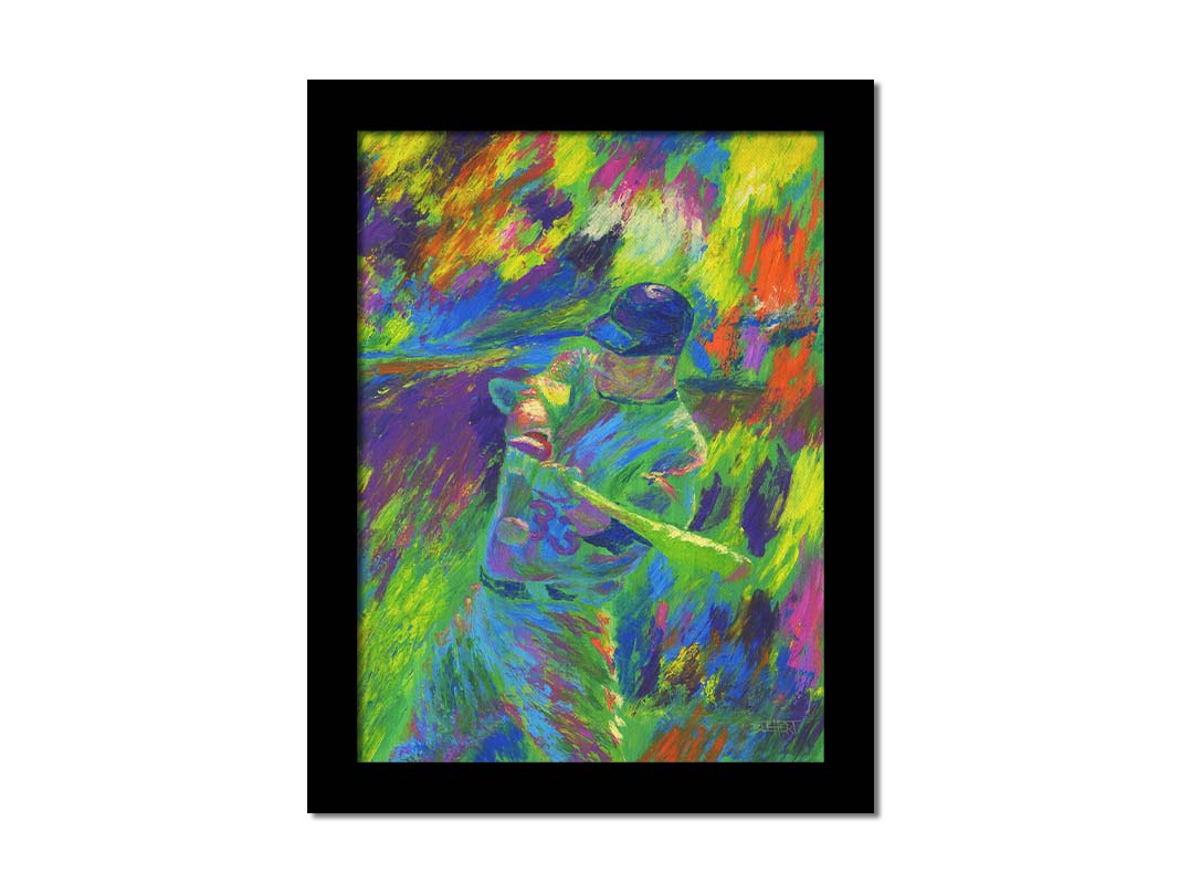 A painting of Justin Morneau, of the Minnesota Twins baseball team, swinging a bat at an approaching ball. It is painted in a bold palette of bright green, blue, purple, and orange. Printed on canvas and framed.