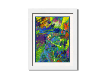 A painting of Justin Morneau, of the Minnesota Twins baseball team, swinging a bat at an approaching ball. It is painted in a bold palette of bright green, blue, purple, and orange. Printed on paper, matted, and framed.