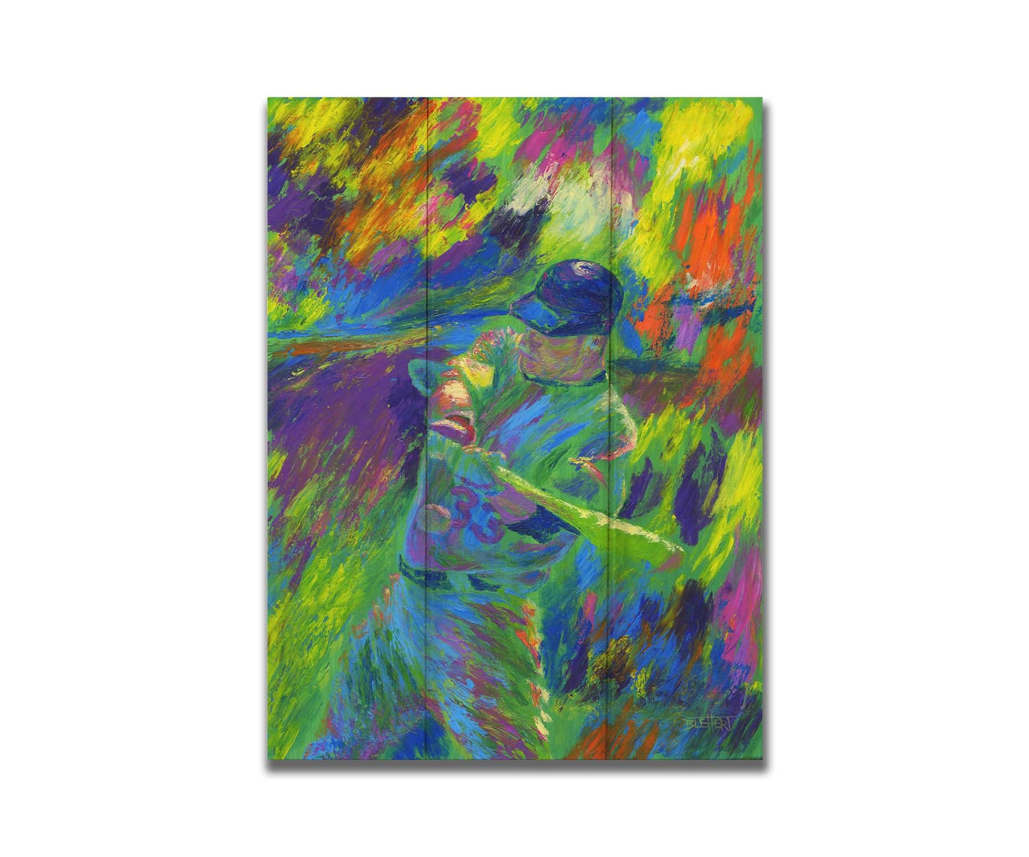 A painting of Justin Morneau, of the Minnesota Twins baseball team, swinging a bat at an approaching ball. It is painted in a bold palette of bright green, blue, purple, and orange. Printed on a box board.