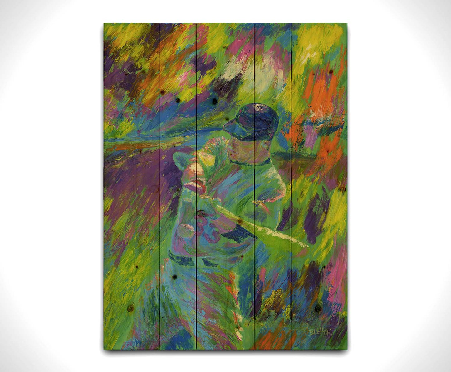 A painting of Justin Morneau, of the Minnesota Twins baseball team, swinging a bat at an approaching ball. It is painted in a bold palette of bright green, blue, purple, and orange. Printed on a wood pallet.