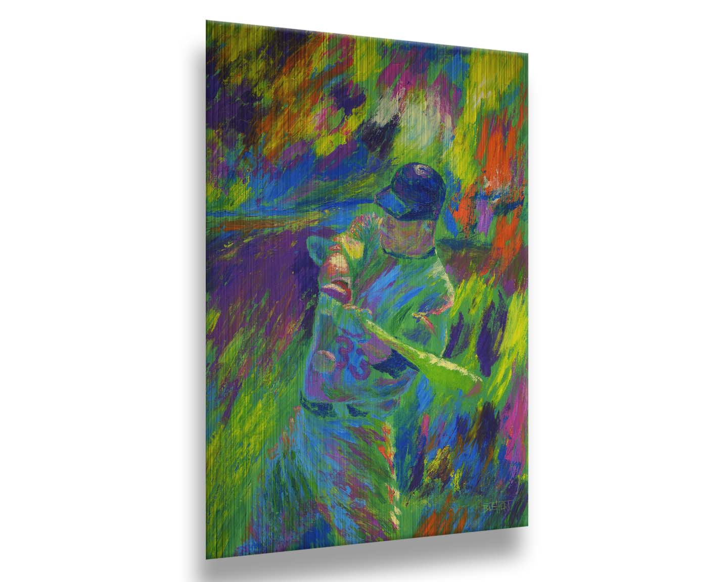 A painting of Justin Morneau, of the Minnesota Twins baseball team, swinging a bat at an approaching ball. It is painted in a bold palette of bright green, blue, purple, and orange. Printed on metal.