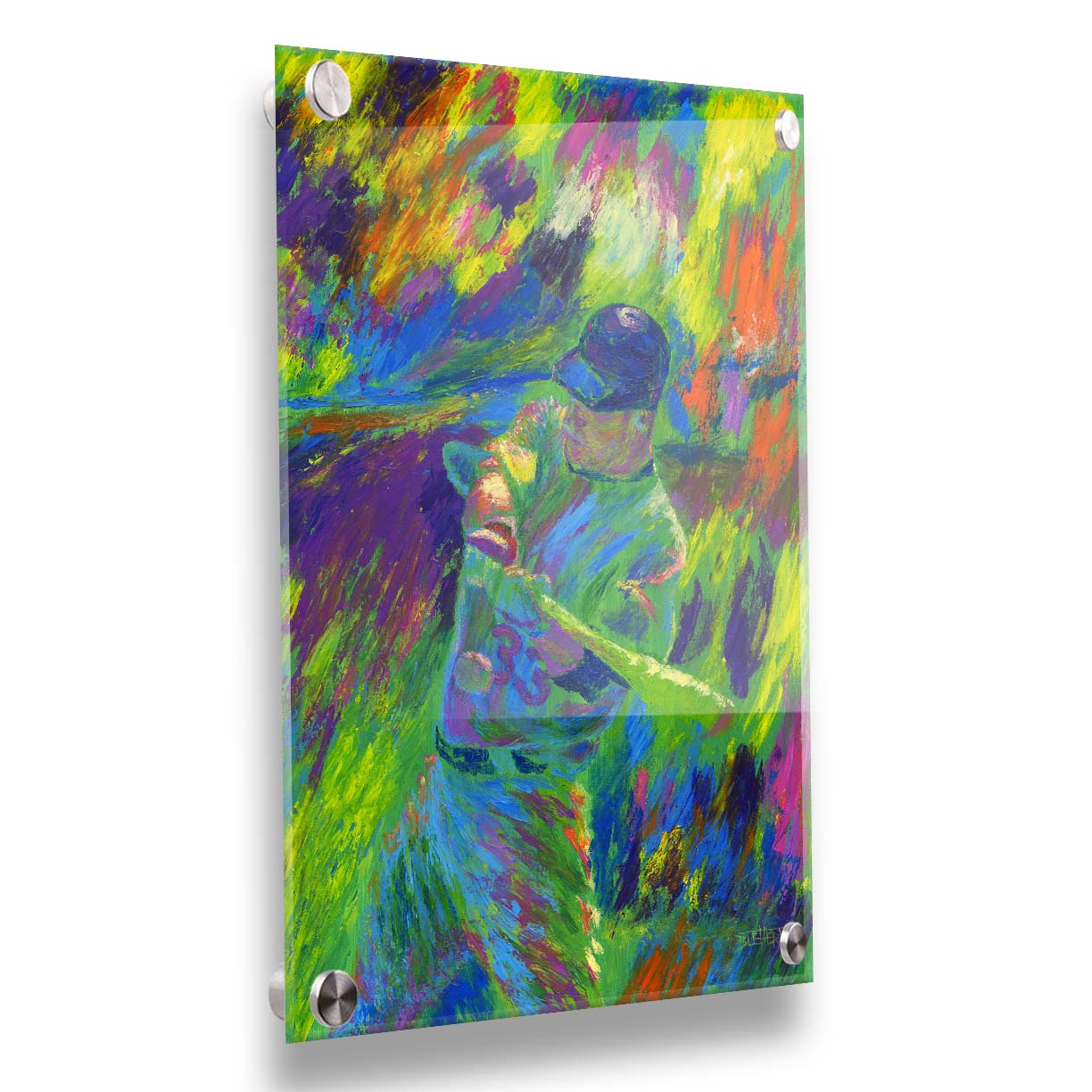 A painting of Justin Morneau, of the Minnesota Twins baseball team, swinging a bat at an approaching ball. It is painted in a bold palette of bright green, blue, purple, and orange. Printed on acrylic.