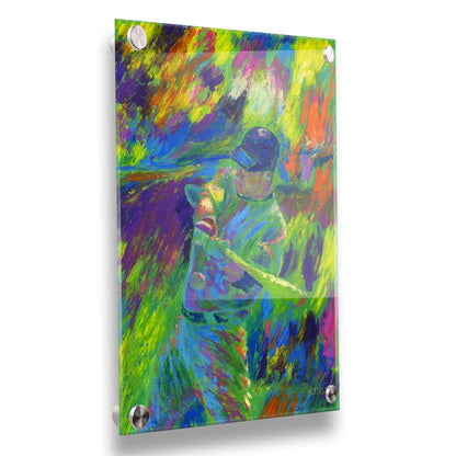 A painting of Justin Morneau, of the Minnesota Twins baseball team, swinging a bat at an approaching ball. It is painted in a bold palette of bright green, blue, purple, and orange. Printed on acrylic.