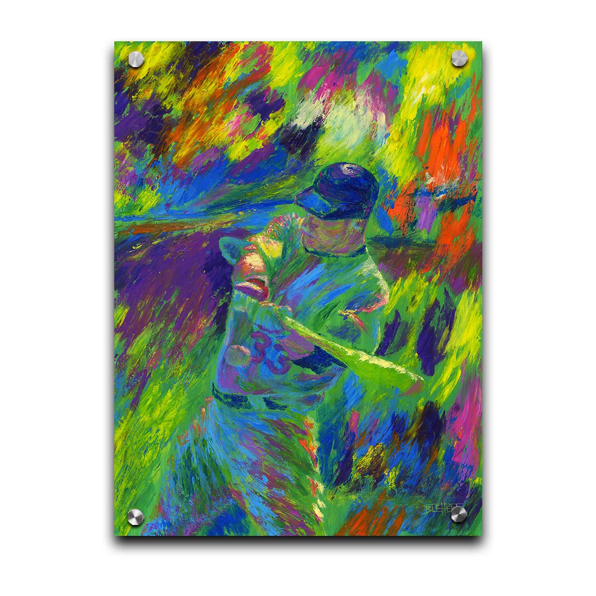 A painting of Justin Morneau, of the Minnesota Twins baseball team, swinging a bat at an approaching ball. It is painted in a bold palette of bright green, blue, purple, and orange. Printed on acrylic.