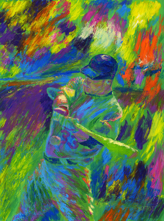 A painting of Justin Morneau, of the Minnesota Twins baseball team, swinging a bat at an approaching ball. It is painted in a bold palette of bright green, blue, purple, and orange.