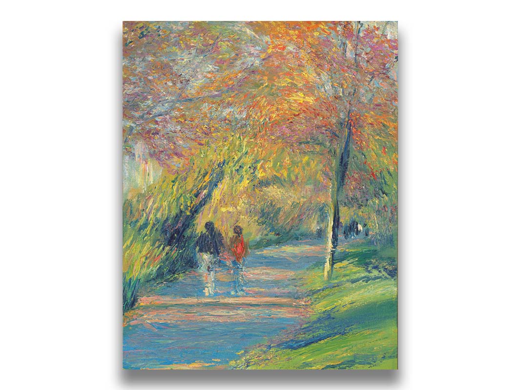 A painting of people walking down a paved park path, surrounded by early autumn trees and vibrant grass. The sun sits low, creating a warm light and long shadows. Printed on canvas.