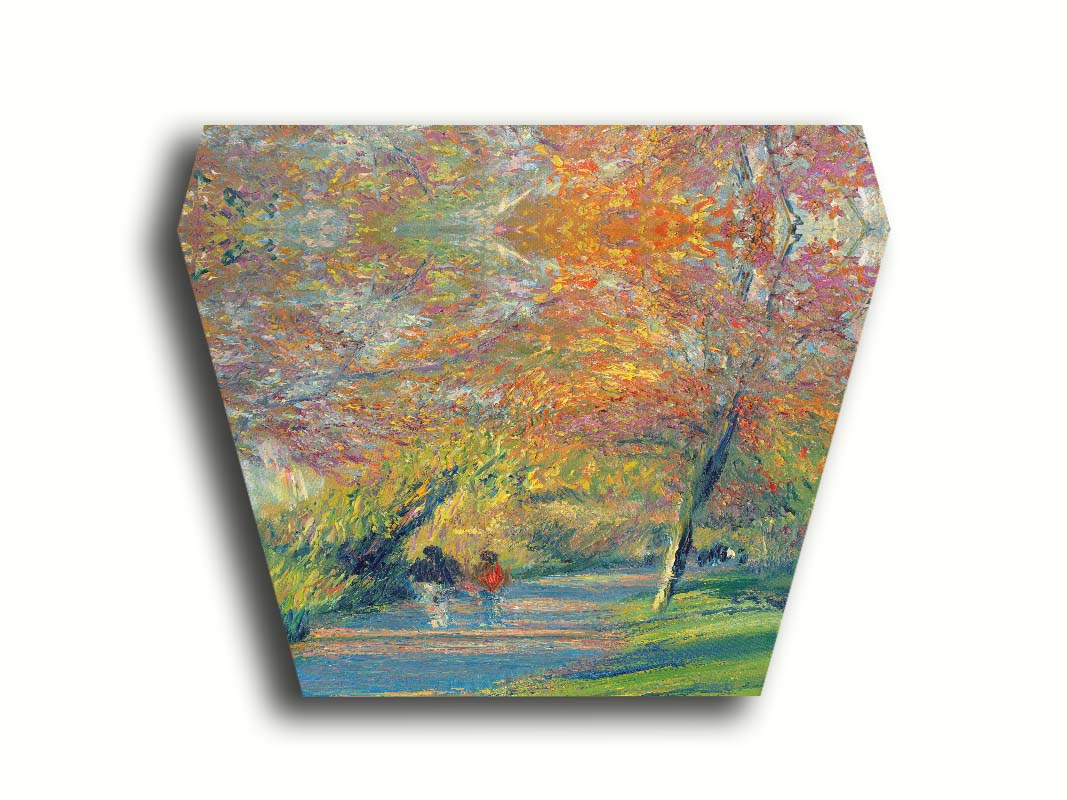 A painting of people walking down a paved park path, surrounded by early autumn trees and vibrant grass. The sun sits low, creating a warm light and long shadows. Printed on canvas.