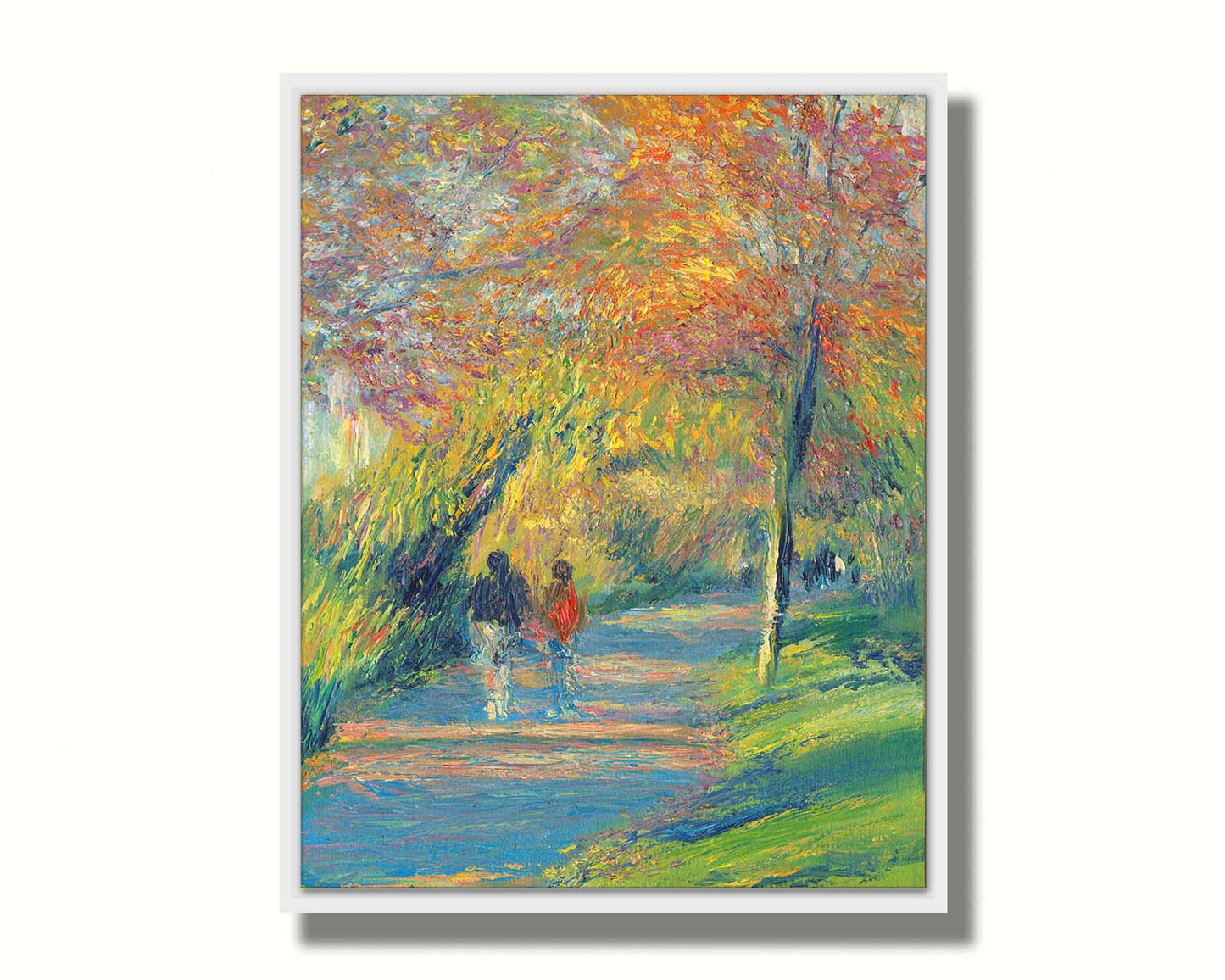 A painting of people walking down a paved park path, surrounded by early autumn trees and vibrant grass. The sun sits low, creating a warm light and long shadows. Printed on canvas in a float frame.