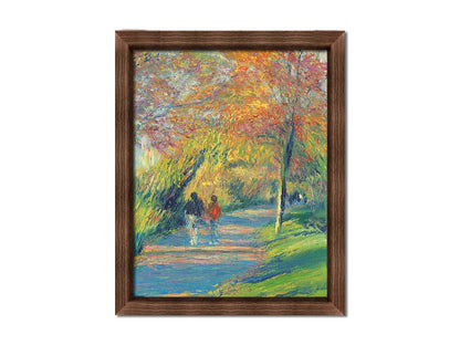 A painting of people walking down a paved park path, surrounded by early autumn trees and vibrant grass. The sun sits low, creating a warm light and long shadows. Printed on canvas and framed.