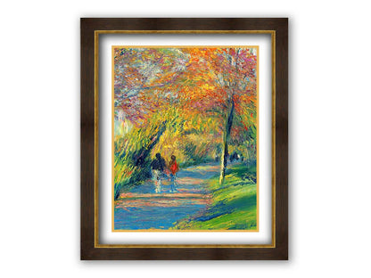 A painting of people walking down a paved park path, surrounded by early autumn trees and vibrant grass. The sun sits low, creating a warm light and long shadows. Printed on paper, matted, and framed.