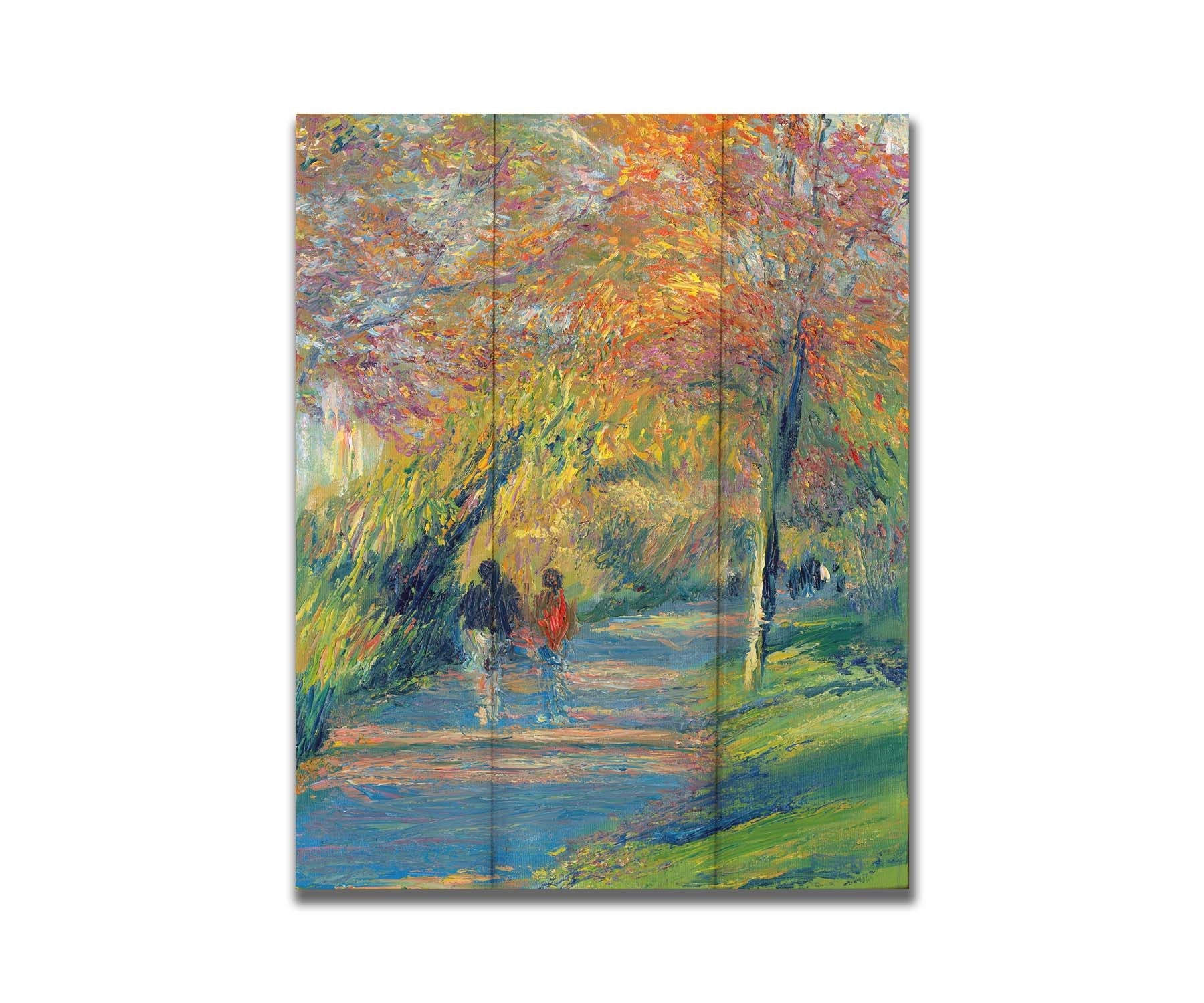 A painting of people walking down a paved park path, surrounded by early autumn trees and vibrant grass. The sun sits low, creating a warm light and long shadows. Printed on a box board.