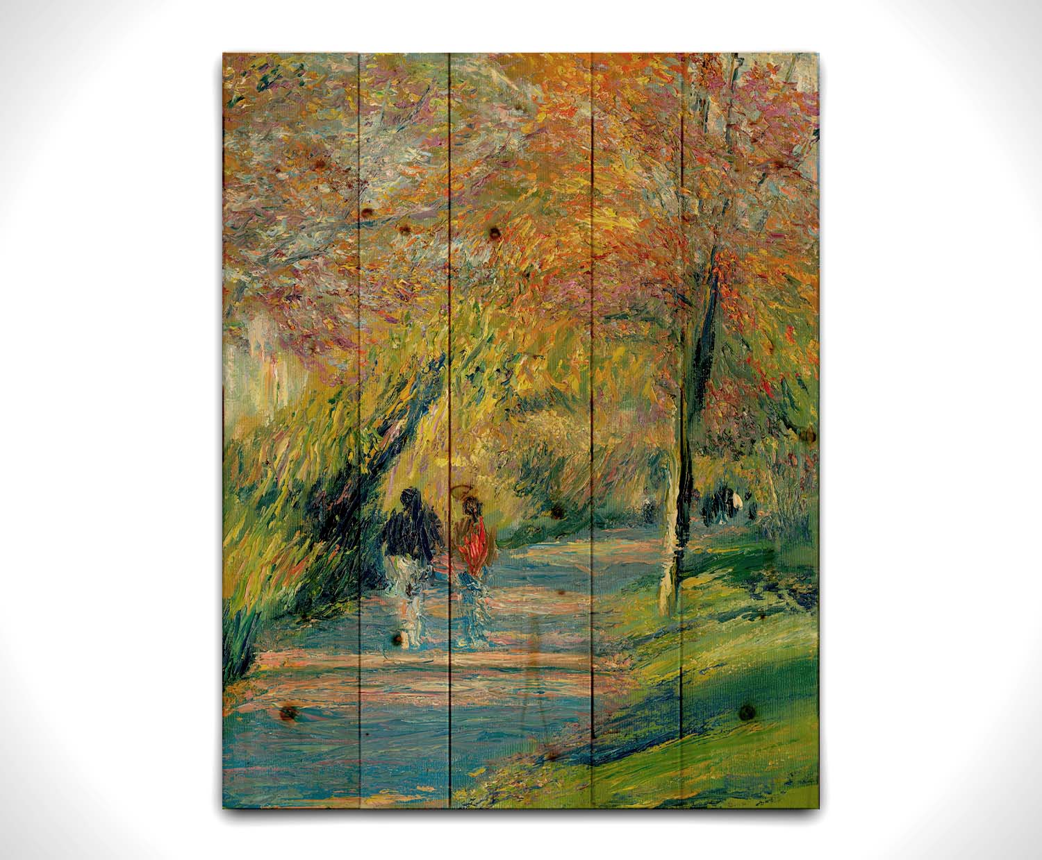 A painting of people walking down a paved park path, surrounded by early autumn trees and vibrant grass. The sun sits low, creating a warm light and long shadows. Printed on a wood pallet.