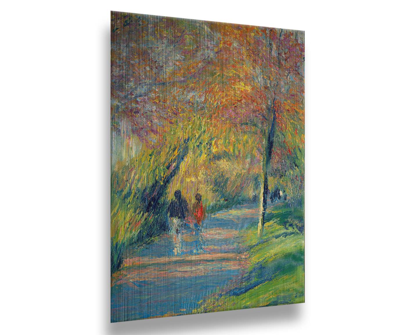 A painting of people walking down a paved park path, surrounded by early autumn trees and vibrant grass. The sun sits low, creating a warm light and long shadows. Printed on metal.