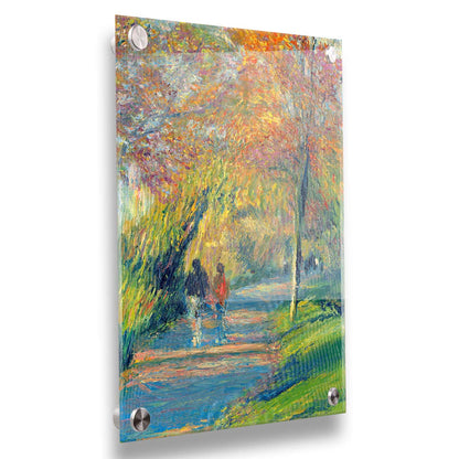 A painting of people walking down a paved park path, surrounded by early autumn trees and vibrant grass. The sun sits low, creating a warm light and long shadows. Printed on acrylic.