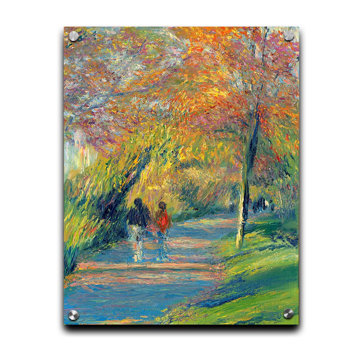 A painting of people walking down a paved park path, surrounded by early autumn trees and vibrant grass. The sun sits low, creating a warm light and long shadows. Printed on acrylic.