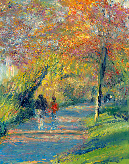A painting of people walking down a paved park path, surrounded by early autumn trees and vibrant grass. The sun sits low, creating a warm light and long shadows.