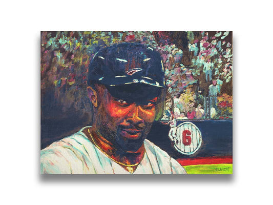 A painting of two Minnesota Twins players. One player, Kirby Puckett, fills most of the foreground in a portrait, while the other in the background leaps to catch a ball heading for the stands full of fans. Printed on canvas.