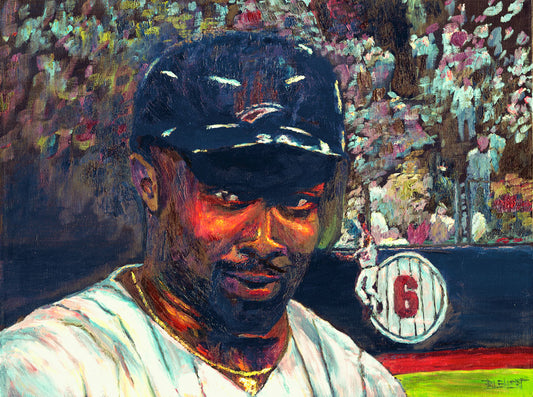 A painting of two Minnesota Twins players. One player, Kirby Puckett, fills most of the foreground in a portrait, while the other in the background leaps to catch a ball heading for the stands full of fans.