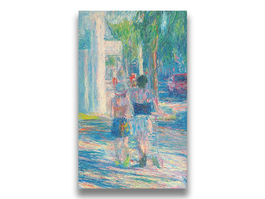 A painting of people walking down the sidewalk in Key West, Florida. One of the subjects is pulling a scooter alongside them. Printed on canvas.