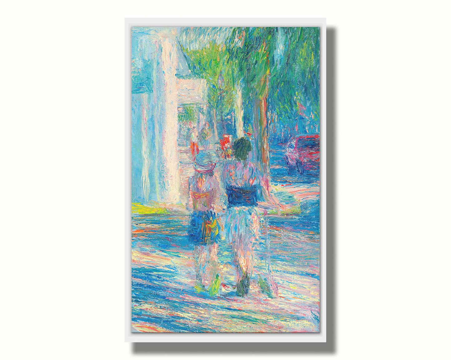 A painting of people walking down the sidewalk in Key West, Florida. One of the subjects is pulling a scooter alongside them. Printed on canvas in a float frame.