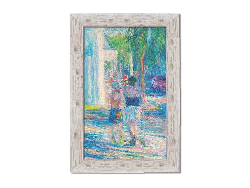 A painting of people walking down the sidewalk in Key West, Florida. One of the subjects is pulling a scooter alongside them. Printed on canvas and framed.