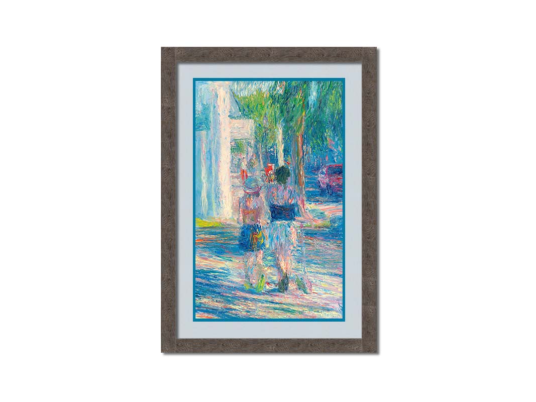 A painting of people walking down the sidewalk in Key West, Florida. One of the subjects is pulling a scooter alongside them. Printed on paper, matted, and framed.