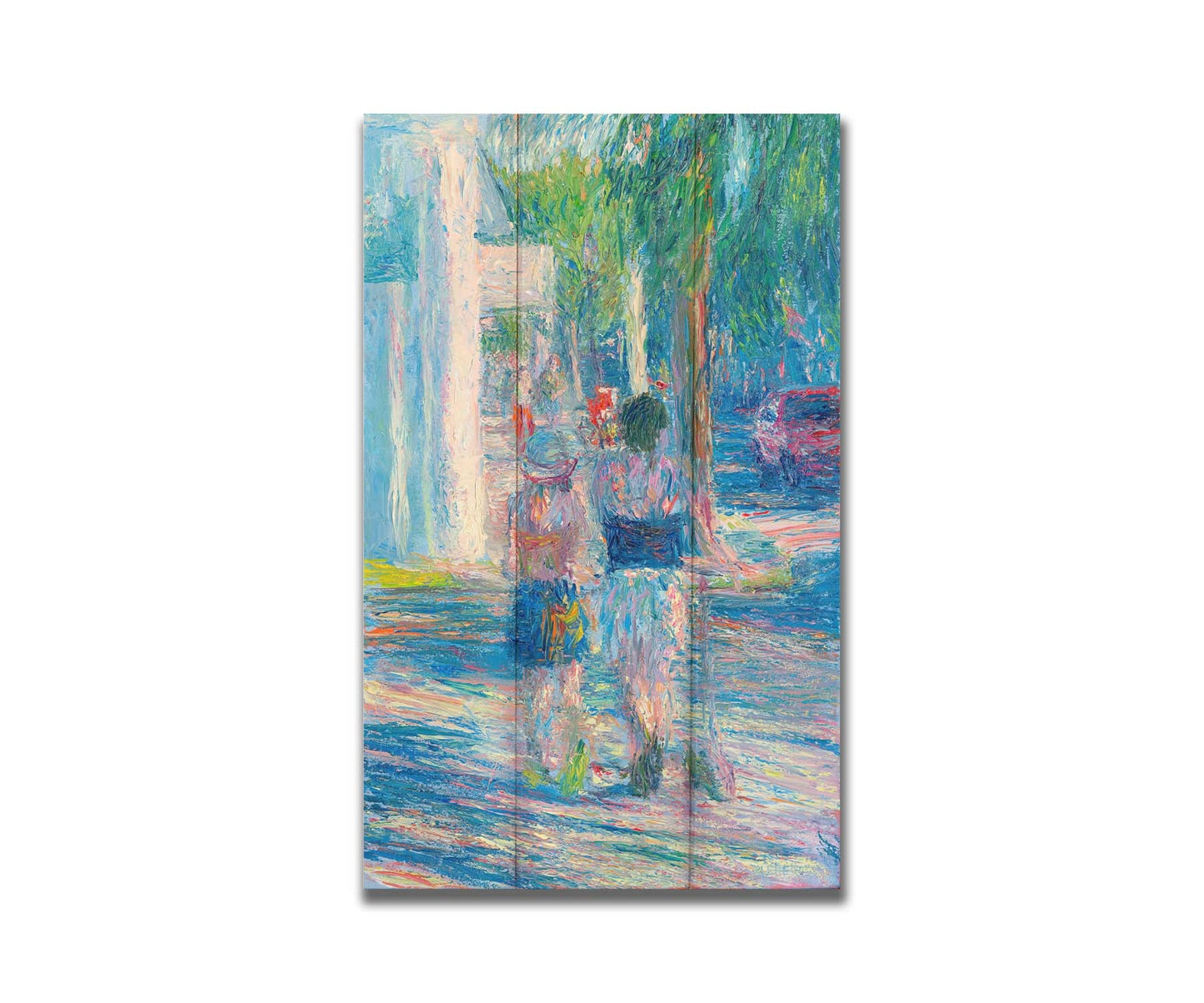 A painting of people walking down the sidewalk in Key West, Florida. One of the subjects is pulling a scooter alongside them. Printed on a box board.