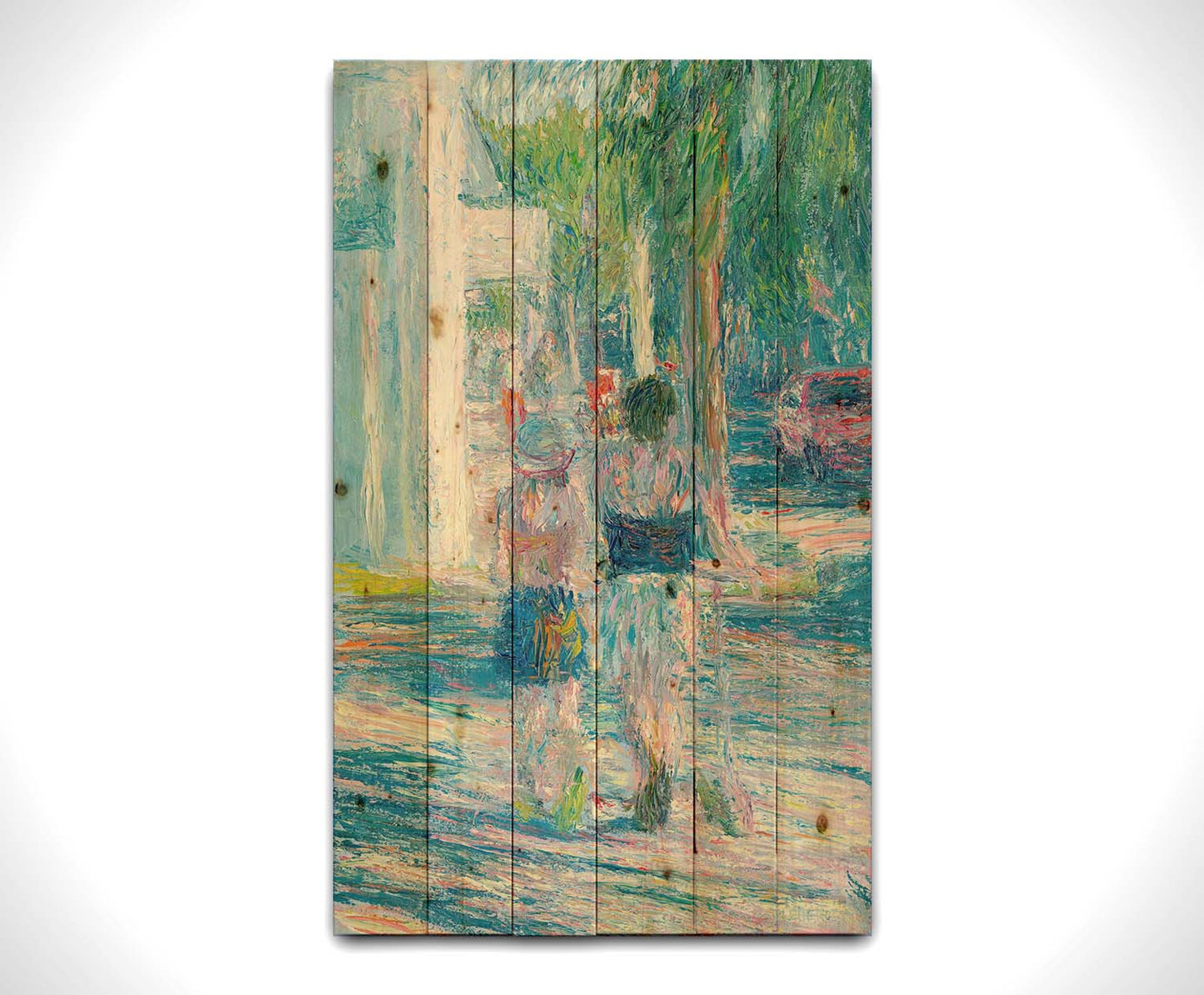 A painting of people walking down the sidewalk in Key West, Florida. One of the subjects is pulling a scooter alongside them. Printed on a wood pallet.