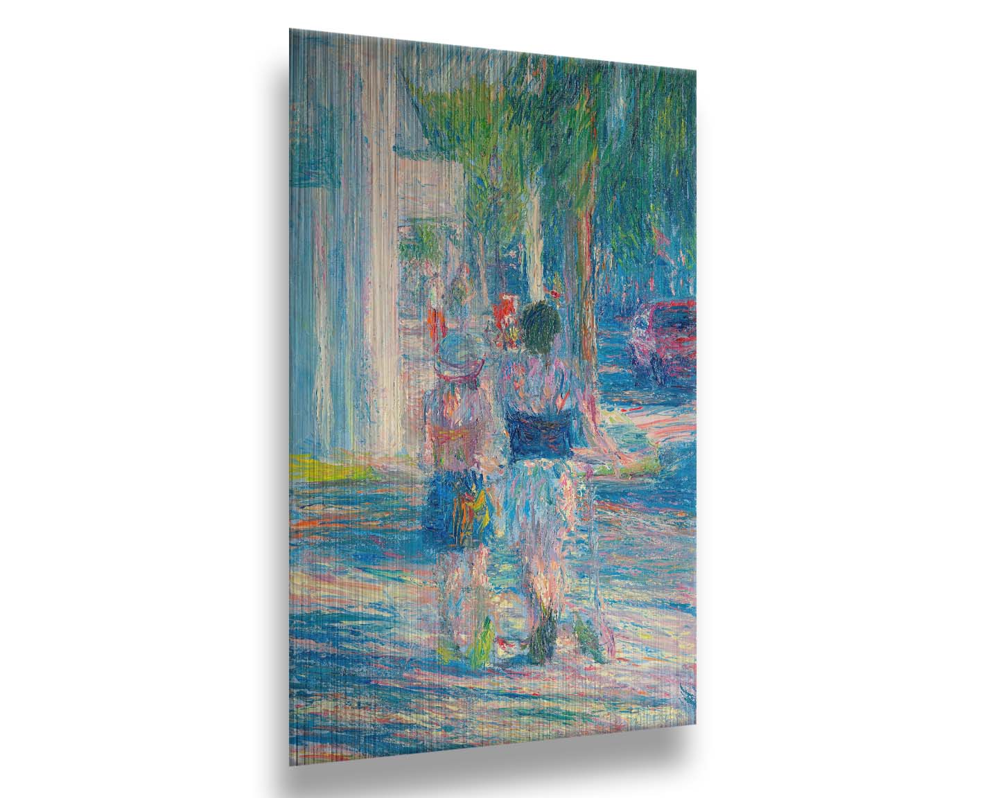 A painting of people walking down the sidewalk in Key West, Florida. One of the subjects is pulling a scooter alongside them. Printed on metal.