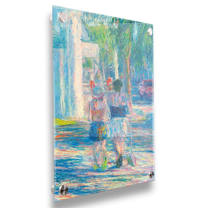 A painting of people walking down the sidewalk in Key West, Florida. One of the subjects is pulling a scooter alongside them. Printed on acrylic.