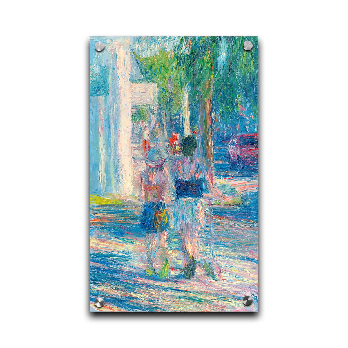 A painting of people walking down the sidewalk in Key West, Florida. One of the subjects is pulling a scooter alongside them. Printed on acrylic.