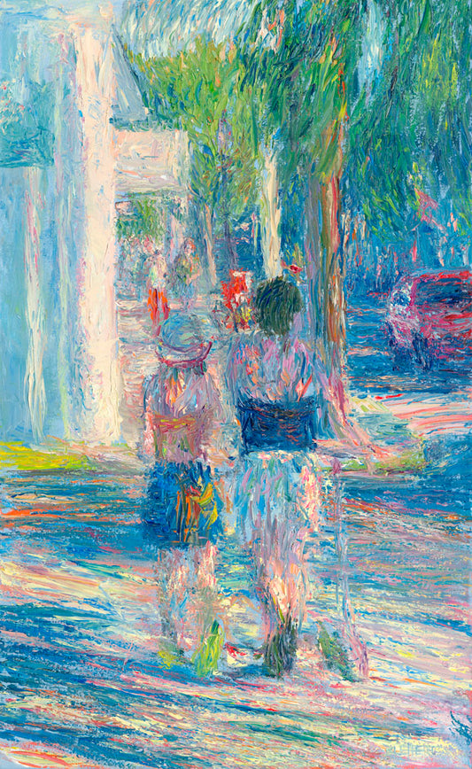 A painting of people walking down the sidewalk in Key West, Florida. One of the subjects is pulling a scooter alongside them. 