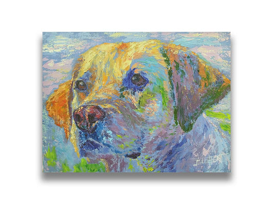 A painting of a golden retriever in yellow, blue, and green. Printed on canvas.