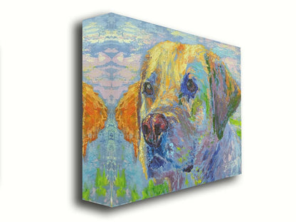 A painting of a golden retriever in yellow, blue, and green. Printed on canvas.