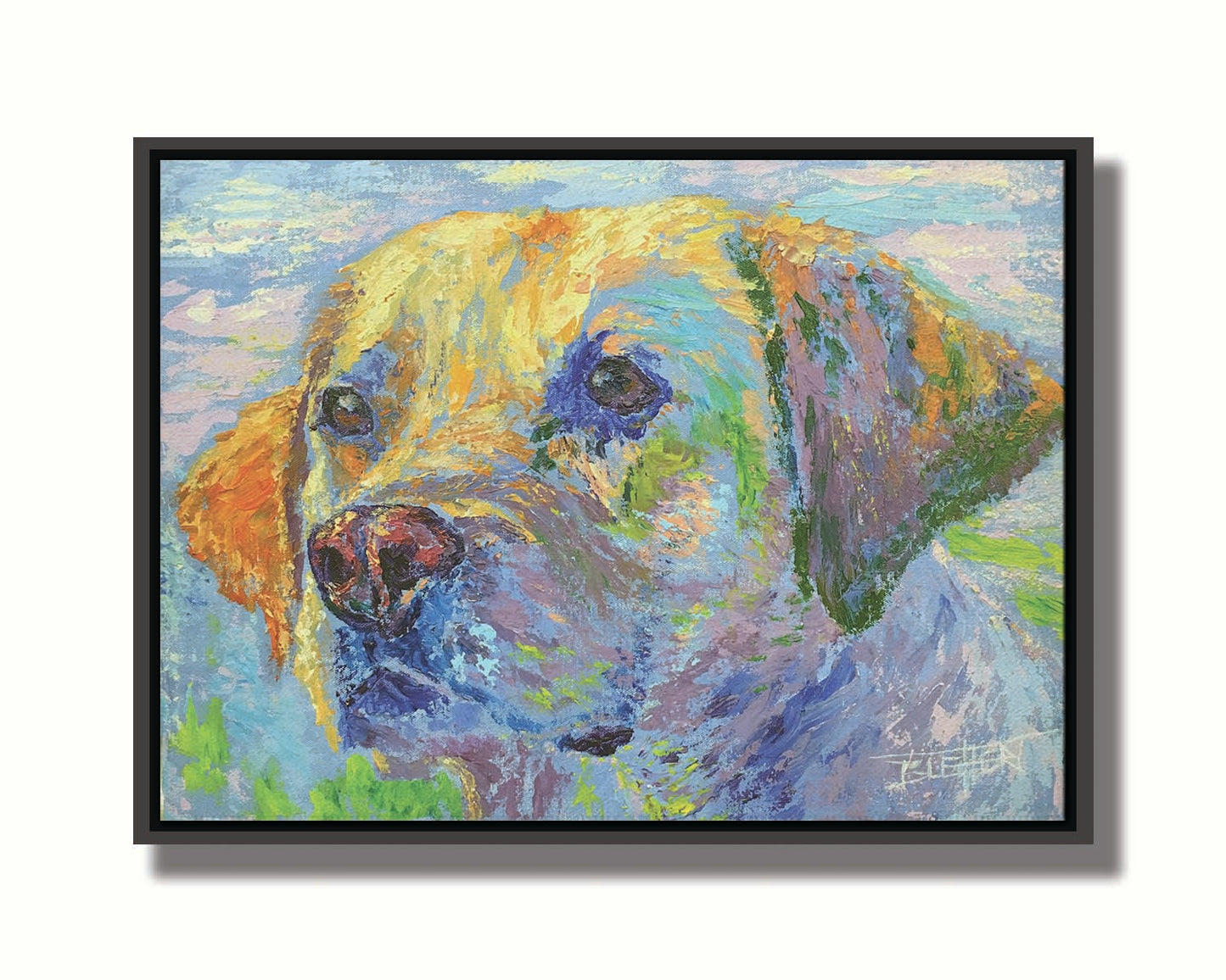 A painting of a golden retriever in yellow, blue, and green. Printed on canvas in a float frame.