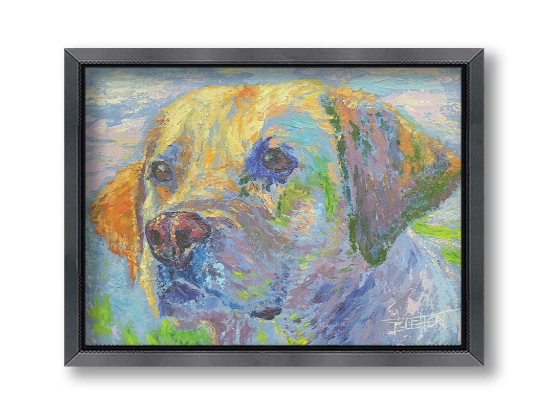 A painting of a golden retriever in yellow, blue, and green. Printed on canvas and framed.