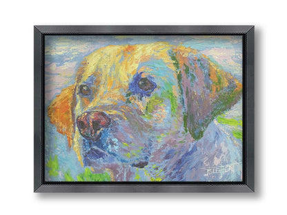 A painting of a golden retriever in yellow, blue, and green. Printed on canvas and framed.