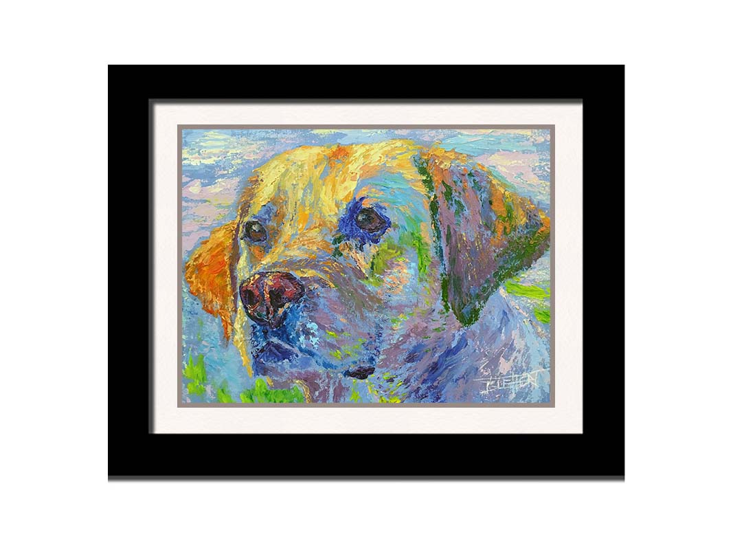 A painting of a golden retriever in yellow, blue, and green. Printed on paper, matted, and framed.