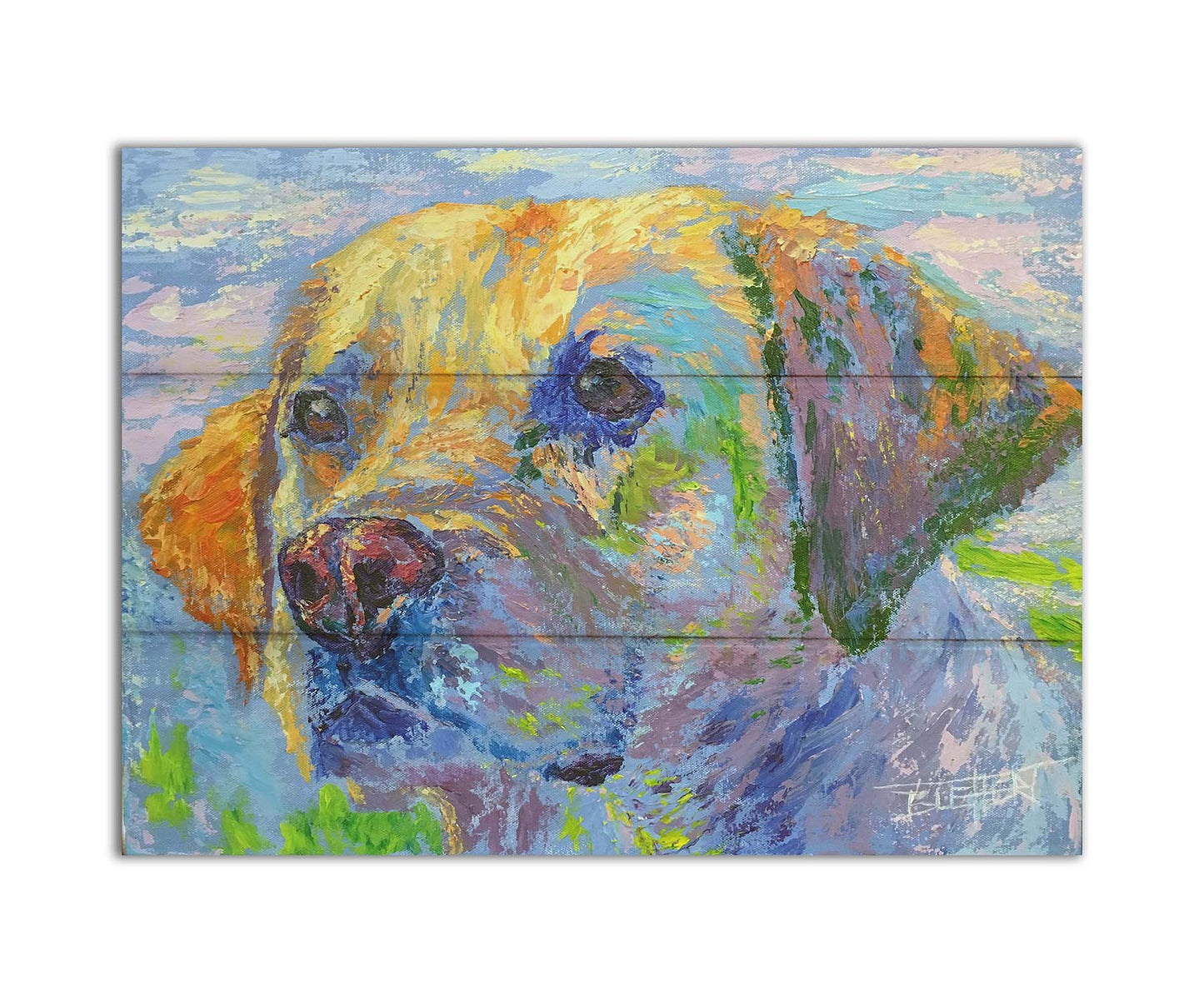 A painting of a golden retriever in yellow, blue, and green. Printed on a box board.