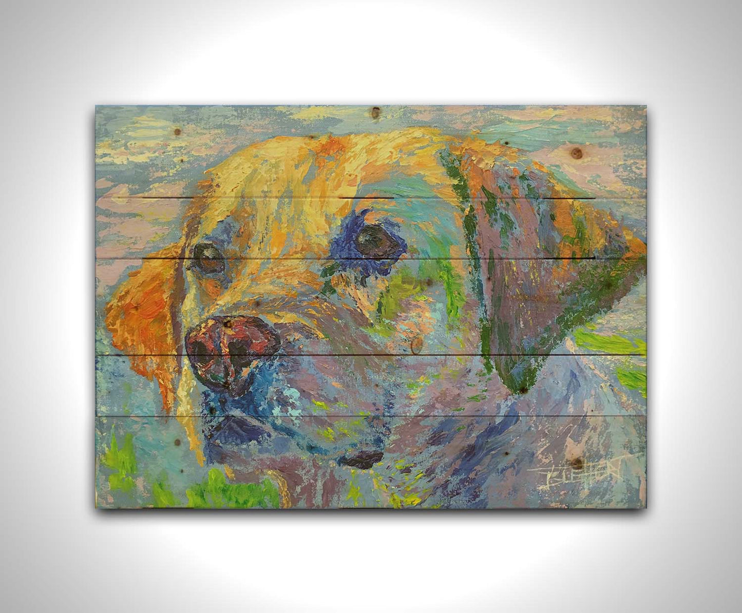 A painting of a golden retriever in yellow, blue, and green. Printed on a wood pallet.