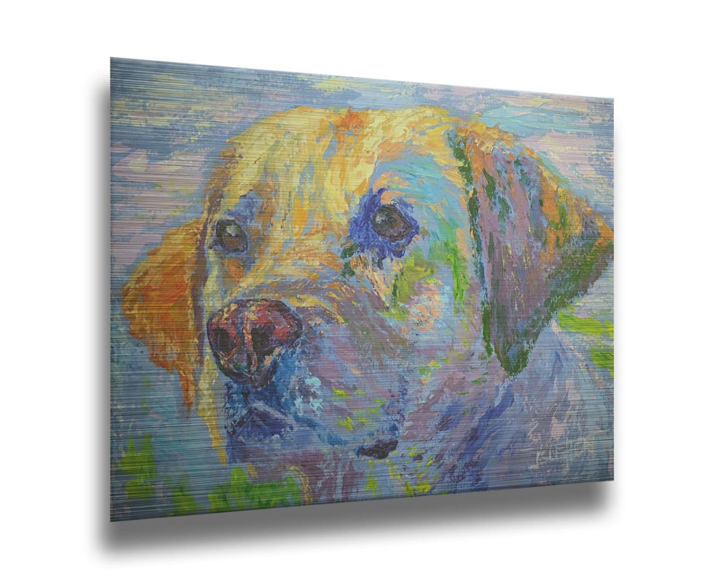 A painting of a golden retriever in yellow, blue, and green. Printed on metal.