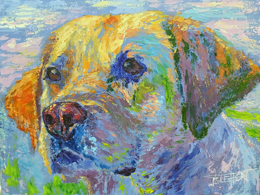 A painting of a golden retriever in yellow, blue, and green.